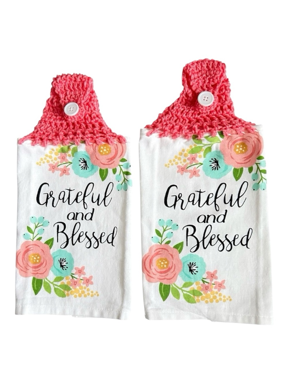 Hand Crafted Floral Hanging Kitchen Hand Towels Colorful Grateful and Blessed